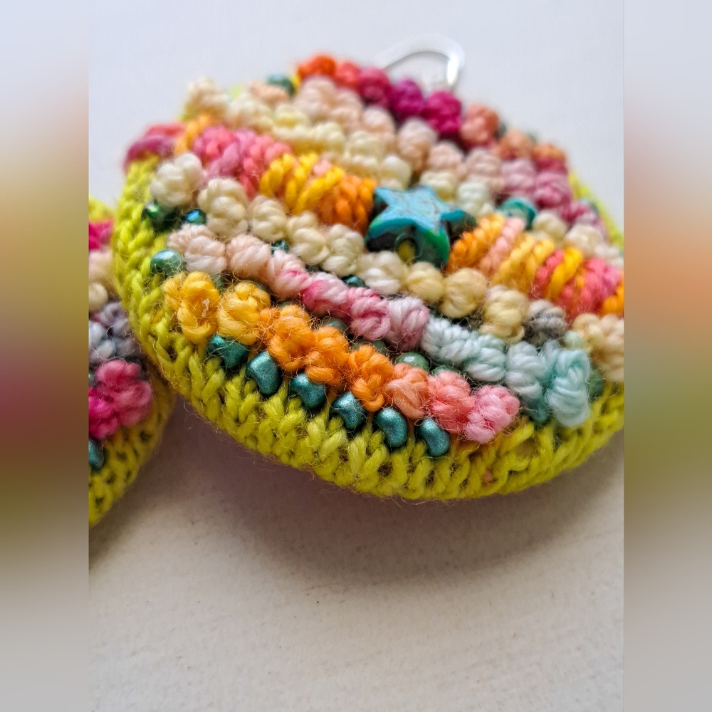 Hand Crafted Multicolor Crochet Round Earrings with Teal Star Accent - Picture 6 of 16